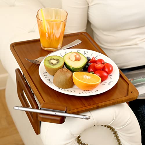 Bamboo Sofa Arm Tray Table Clip For Couches Arm, Multi-Function Foldable Side Table Couch Arm Tray With 360° Rotating Phone Holder, Suitable For Home Drinks/Remote/Snacks/Fast Food Et (Brown) #TOP6
