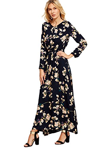 Floerns Women's Long Sleeve Floral Print Button Casual Maxi Dress Navy XL