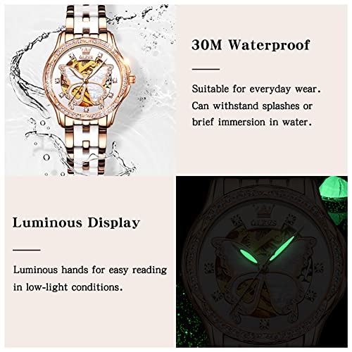 Olevs Women's Watches Automatic Watch For Ladies Self Winding Watches Women Elegant Waterproof Rose Gold Skeleton Watches White Mechanical Butterfly Womens Watches Reloj Para Mujer #TOP5