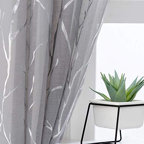 Kotile Grey Sheer Curtains with Tree Pattern - Metallic Silver Branch Artistic Design Grommet Sheer Curtains 84 Inch Long Light Filter Privacy Voile Drapes, 52 x 84 Inch, 2 Panels, Gray