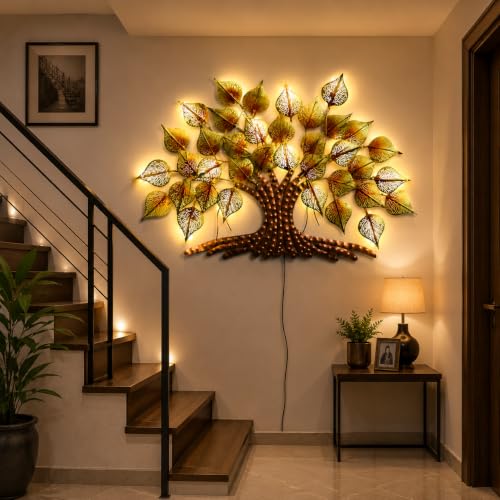 Image of Bharat Art Big Tree Metal Wall Art with LED Light | Handcrafted Iron Tree Wall Hanging for Living Room, Bedroom, Hall, Office | Pan Tree WD049 | Size: 36x2x24 Inch - WD049