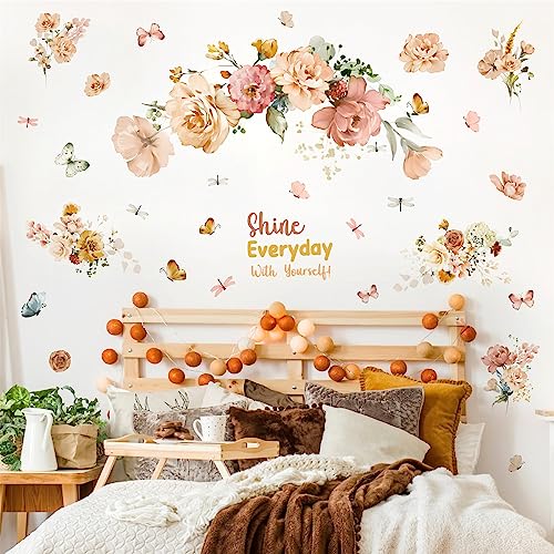 Large Peony Flower Wall Stickers Watercolor Floral Wall Decals Peel And Stick Inspirational Sticker For Girls Bedroom Vintage Flowers Butterflies Wall Art Mural For Kids Room Living Room Nursery Decor #TOP3