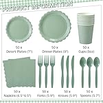 350 Pcs Sage Green Plates and Napkins, 50 Guest Spring Party Supplies Include Scalloped Paper Plates Napkins Cups Plastic Spoons Forks Knives Disposable Tableware Set for Baby Shower - Image 2