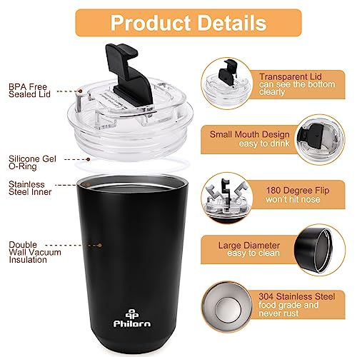 Philorn Coffee Cup, 380ml Insulated Travel Mug with Leakproof Lid & Double Wall - Image 4