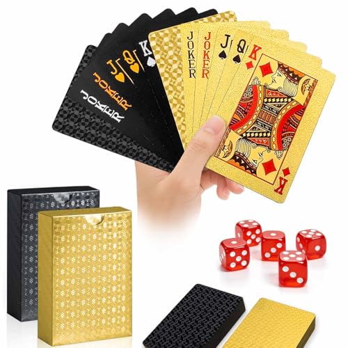 JWENUPDE 2 Pack Waterproof Plastic Playing Cards Gold & Black Diamond Texture Luxury Deck of Cards Waterproof Poker Cards for Pool Beach Party Ideal for Blackjack Tarot Canasta Card Games