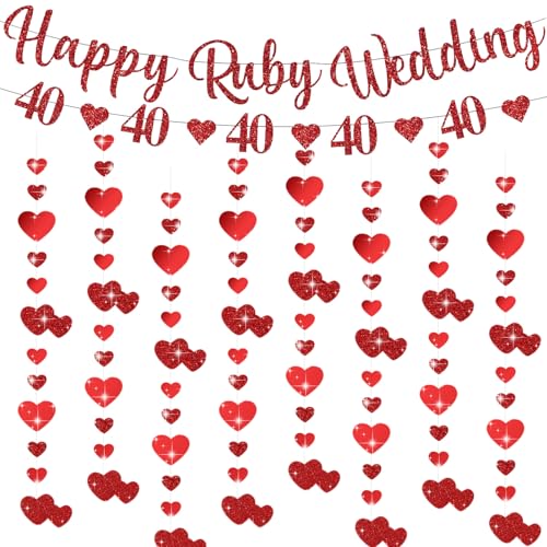 40th Wedding Anniversary Decorations Ruby Wedding Anniversary Decorations Happy Anniversary Banner Glitter Heart Hanging Party Decorations for 40 Years Ruby Wedding Celebration Party