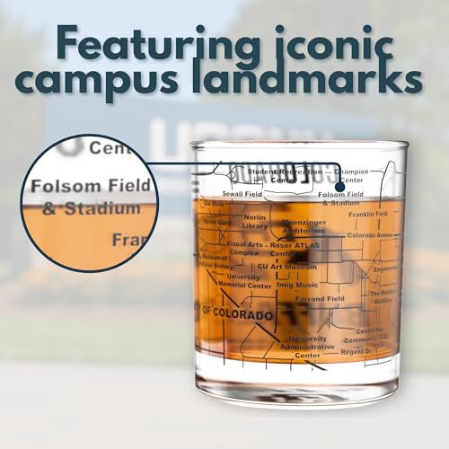 Image of Greenline Goods - University of Colorado Buffaloes College Whiskey Glasses (Set of 2), 10 oz - Full-Color Logo + Campus Map