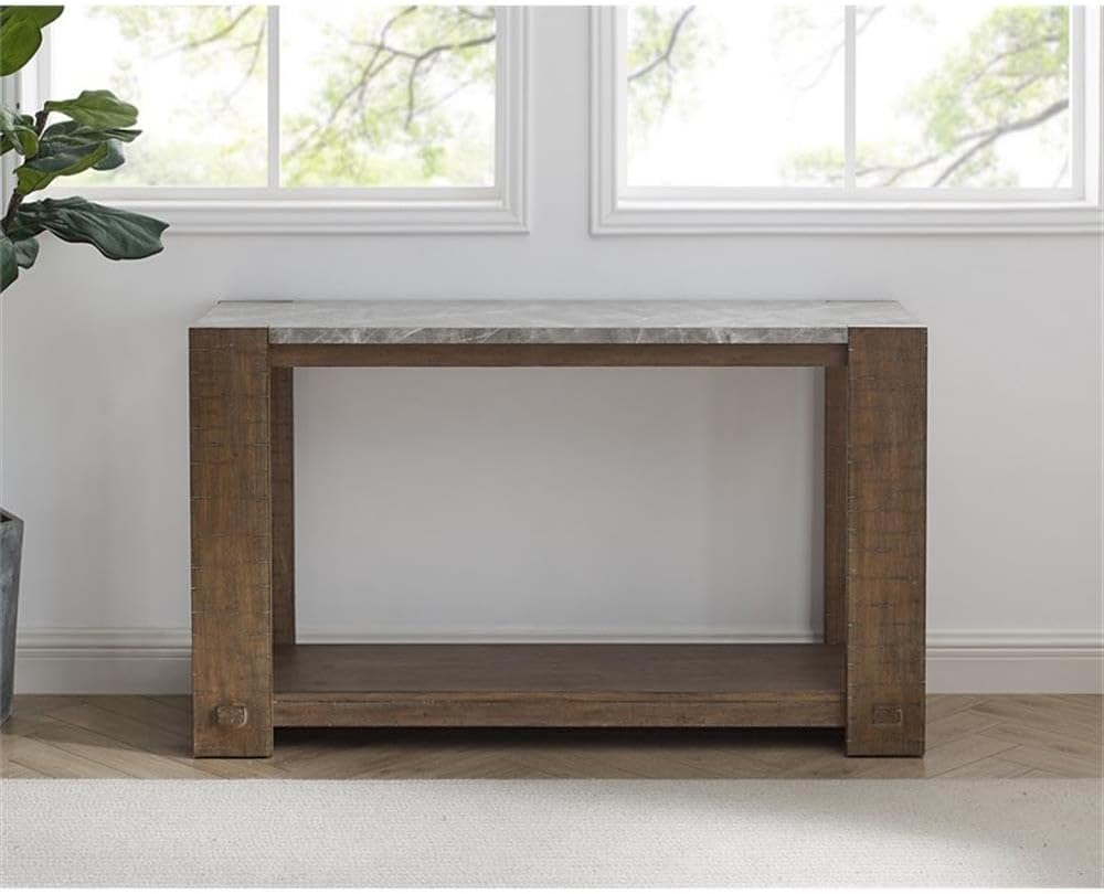 Pemberly Row Farmhouse Console Table, Engineered Wood and Poplar with Sintered Stone Top, Brown Finish, 50 in x 16 in x 29.5 in, Bottom Shelf, Living Room, Hallway, Office Storage Furniture