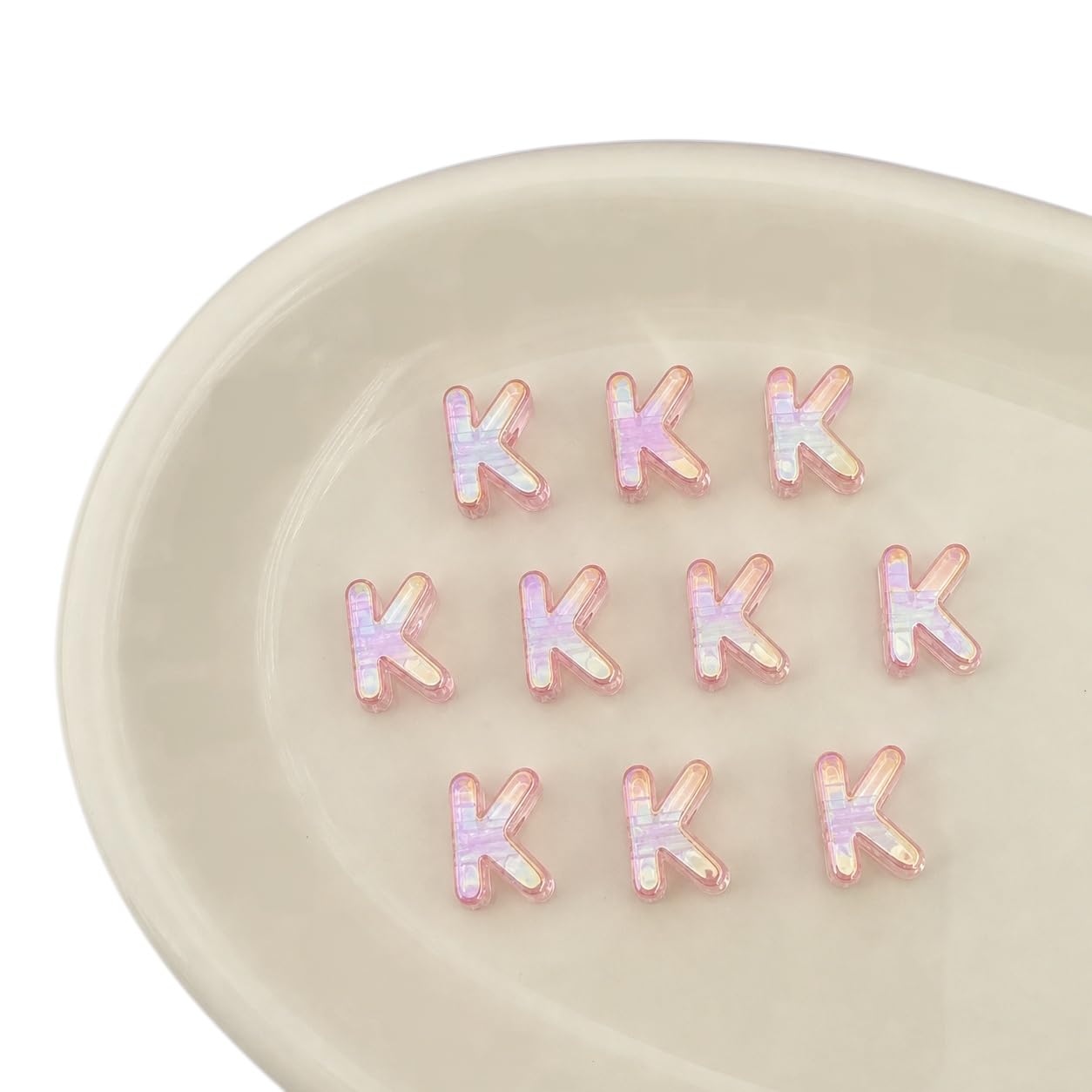 Letter Beads 10pcs, Large Acrylic Alphabet Beads with 6mm Hole, Iridescent Holographic UV Plated for Bracelet Making, Jewellery, Keyrings & Craft (Iridescent Light Pink, Letter K)
