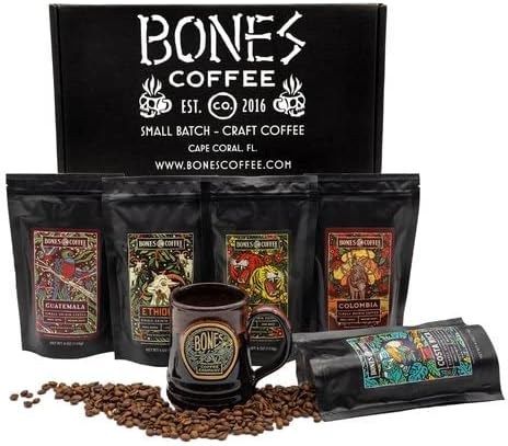 Bones Coffee Company NEW World Tour Sample Pack Box Set with Specialty Coffee Mug, 5 Assorted Single-Origin Low Acid Medium Roast Arabica Beans Flavored Coffee Gifts, 4 oz Pack of 5 Ground