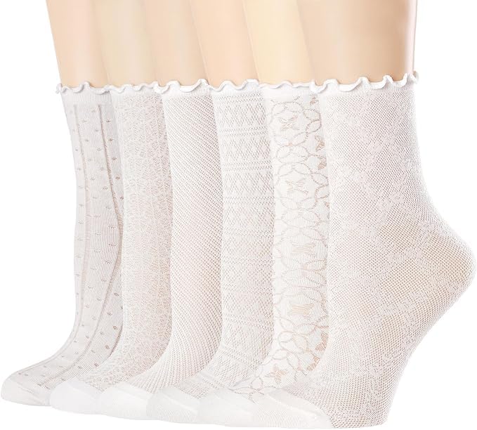 Lot de 6 paires de chaussettes à volants en maille et coton pour femme - Ultra fines - Blanc