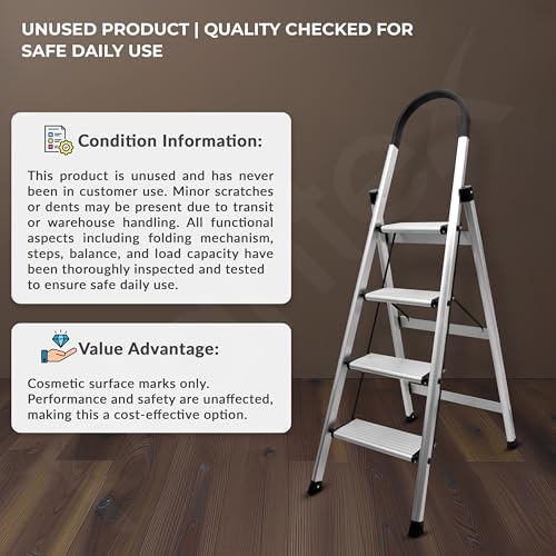Image of Plantex Aluminium Ladder for Home /4-Step Ladder with Minor Surface Marks from Transit, Fully Quality Checked /Anti-Skid Step Ladder /Assured by Plantex (Anodize-Silver)
