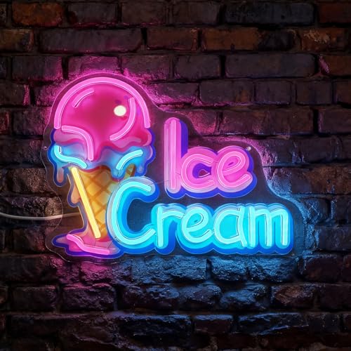 LED Ice Cream Neon Light Up Signs for Ice Cream Snack Bar Coffee Drink Shop Street Food Party Bedroom Business Window Wall Decor Art USB Power and Dimmable