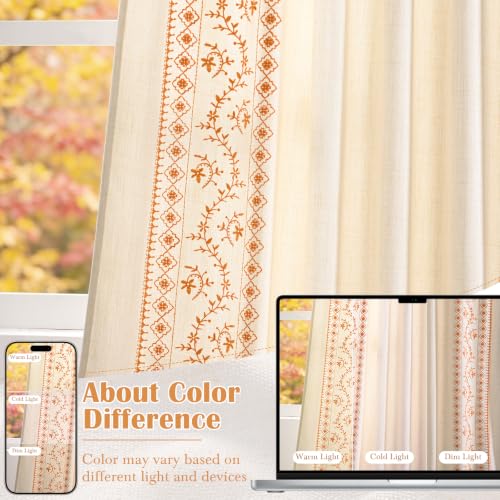Image of Yinhua Boho Kitchen Curtains 36 Inch Length Orange Embroidered Floral Cafe Curtains, Light Filtering Farmhouse Kitchen Window Curtain Rod Pocket Short Tier Curtains for Windows, 26 inch W x 36 inch L