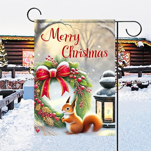 Image of BlissYard Christmas Squirrel Garden Flag 12x18 Inch Winter Forest Scene with Festive Greenery Ring Red Bow Snowy Landscape Holiday Outdoor Yard Banner for Home Lawn Patio Seasonal Welcome Decor