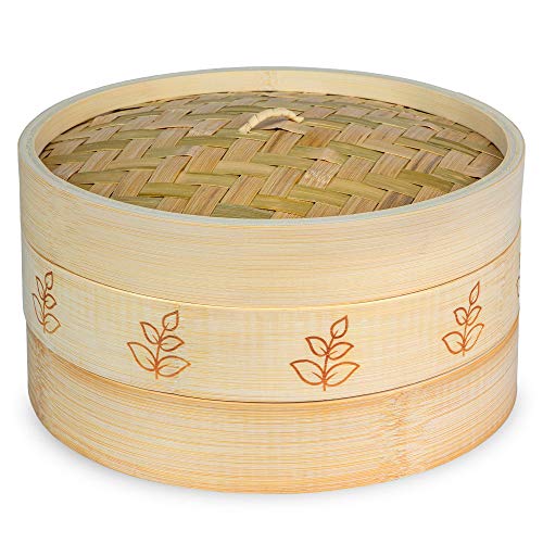 Bamboo Steamer 10 Inch  Premium 2 Tier Dumpling Steamer Lid  Steamer basket perfect as a Chinese Dim Sum Bao Bun Momo Rice Vegetable Steamer  Steam Cooking for Healthy Food Leaf