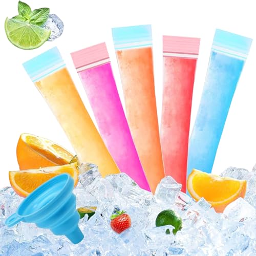 RAVNIX Bolsas para Helados 100 Unidades + Embudo, Moldes Reutilizables para Flash Helado, Paletas Caseras de Yogur, Zumo, Smoothies para Niños y Fiesta