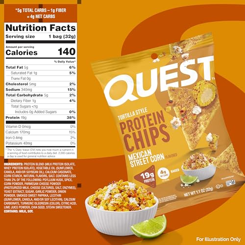 Image of Quest Nutrition Tortilla Style Protein Chips, Mexican Street Corn Flavor, High Protein, Low Carb, Gluten Free, 1.1 Ounce (Pack of 12)