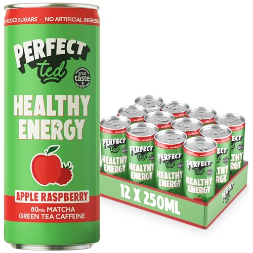Perfect Ted Bevanda Energetica Mela e Lampone - Caffeina Naturale da Matcha (80 mg) e L-Teanina - 43 kcal - Vegana, Senza Zuccheri Aggiunti (12 x 250 ml)