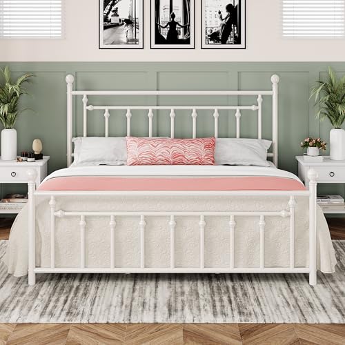 Image of Allewie 14'' King Size Metal Platform Bed Frame, Vintage Headboard, White
