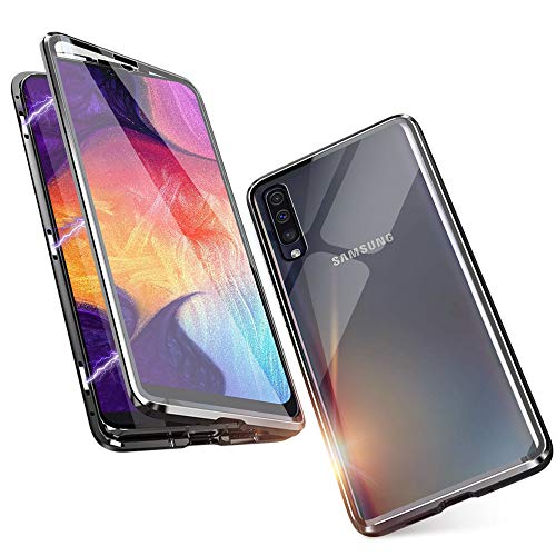 JUNHENG Funda para Samsung Galaxy A50 Adsorcion magnetica Tech Carcasa Frente Posterior Vidrio Templado Diseño Imanes potentes Marco Incorporado Protección de 360 Grados Metal Flip Cover, Negro