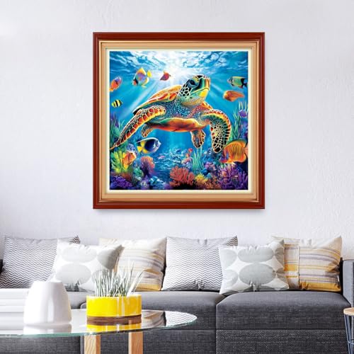 Image of Foxhool Stamped Cross Stitch Kits,11CT Printed Cross Stitch Pattern Full Embroidery Kits for Beginner Needlepoint Kits&Turtle Scenery 18x18 inch