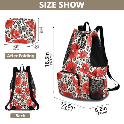 Beach Drawstring Backpack Mesh Swim Bag for Women Red Poppy Leopard Cheetah Swimming Gym with Wet Pocket Packable Sports2