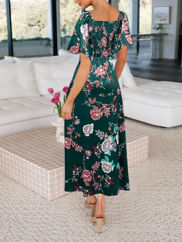 Fashionme Womens Dresses 2025 Maxi Dresses Deep V Neck Elegant Bow Tie Front Cap Sleeve Summer Floral Satin Smocked Dress2