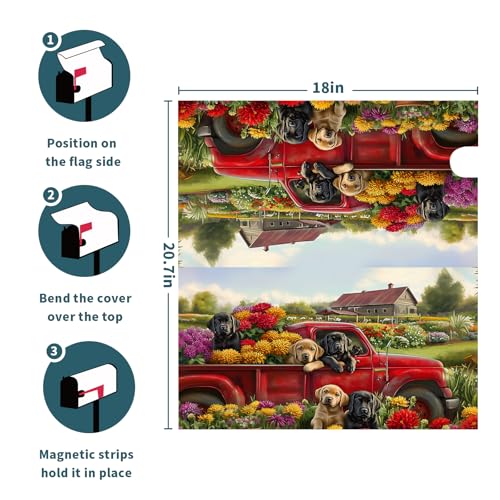 Image of 21 inchx18 inch Spring Truck Dogs Magnetic Mailbox Cover Summer Floral Puppy Decorative Mailbox Wrap Post Cover Waterproof Standard Size for Garden Yard Outdoor Outside Patio Farmhouse