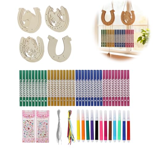 Kit Bricolage Carillon À Vent Thème Cheval – 12 Fer À Cheval en Bois + 36 Clochettes À Vent + 12 Crayons D’Aquarelle Multicolores, pour Souvenir D’Anniversaire Enfant & Décoration De Fête