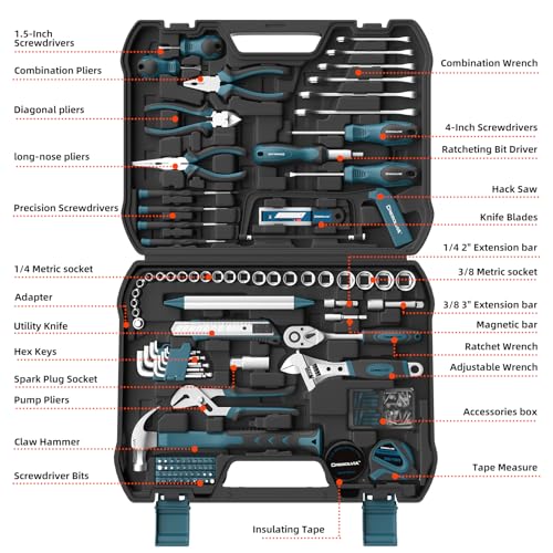 Image of Home Tool Kit 199 Piece Basic Household Auto Repair Tool Set Car Toolbox General Hand Tool Kit for Home Men Women DIY with Plastic Toolbox (Blue and black)