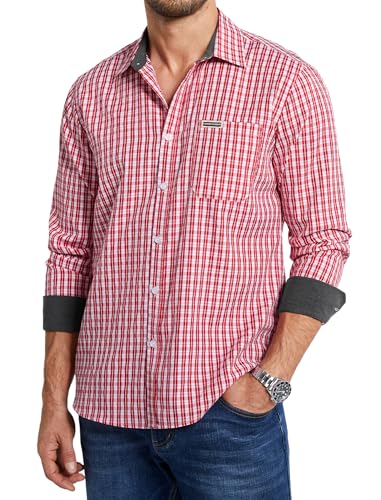 Enlision Camisa Hombre Cuadros Manga Larga Rojo Cuadro Camisas para Hombre Talla Grande Button Down con Bolsillo 4XL