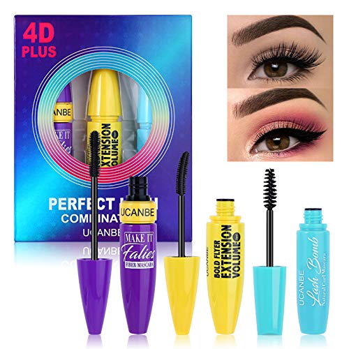 UCANBE 3pcs Mascara Set Black Volume Length 4D Silk Fiber Natural Eye Lash Combination Mascaras Gift Set Makeup Extension Curling Waterproof Eyelashes