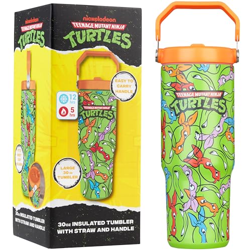 Get Trend Teenage Mutant Ninja Turtles 30oz Tumbler with Handle and Straw Kids Stainless Steel Insulated Water Bottle BPA-Free Leak-Proof Keeps Drinks Cold 12h Hot 5h Gifts for Boys (Multi TMNT)