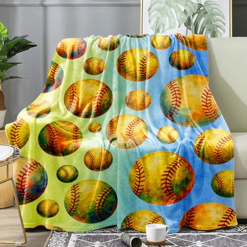 CALMSNUGS Softball Blanket 60x50 Flannel Fleece Throw, Yellow Watercolor Ball Pattern, Girls & Teen Room Decor, Warm Stadium Travel Gift for Softball Fans, Bed/Couch/Dorm by CALMSNUGS - Used condition - US$14.12