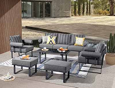 ovios Patio Furniture Set 6 Pieces Outdoor Aluminum Sofa Couch with Coffee Table Ottomans Cushions High Back Sofa All Weather Conversation Set, Black-Grey Stripe