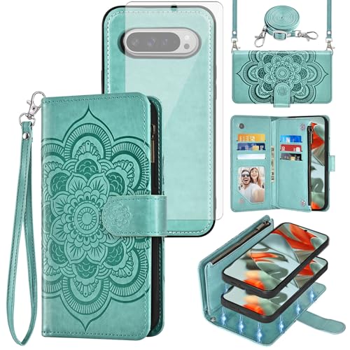 Housse Pixel 9 Pro XL Asuwish en bandoulière pour femme active avec étui portefeuille vert