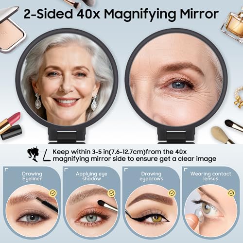 B Beauty Planet 40X Magnifying Mirror, Hand Mirror for Makeup, Double Sided with 40X/1X Magnification, Travel Essential, Portable Foldable for Desktop and Bathroom, Frosted Black 170g