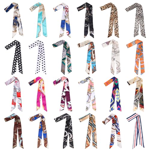 JATEBI 24 Pcs Women Handbag Head Scarf Band Narrow Hair Purse Neck Scarf Ribbon Satin Head Neckerchief Silk Headband Charm for Gifts Colorful