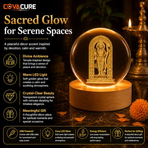 Image of COVACURE 3D Ram Lalla Ayodhya Idol Statue Showpiece Murti Crystal Ball Night Lamp, 2.4 Inch Ram Lalla Idol Crystal Ball Night Light for Home & Office Desk Decor, Birthday Gift, Spiritual Showpiece