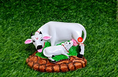 Image of SAUDEEP INDIA Good Luck Gift Items Art Handicraftgiftgallery Decorative Marble dust /Polyresin Cow and Calf Showpiece Idols and Figurines, 5x3x3Inch (White Cow)