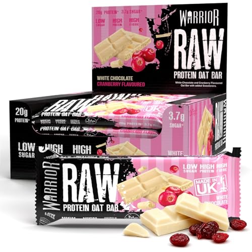 Warrior RAW Protein Bars 12 x 75g 20g High Protein Bar Low Sugar High Fibre Oat Protein Flapjack Protein Snacks Meal Replacement Bars (White Chocolate Cranberry)