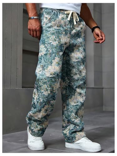 Floerns Men's Drawstring Waist Floral Jacquard Straight Leg Boho Pants3
