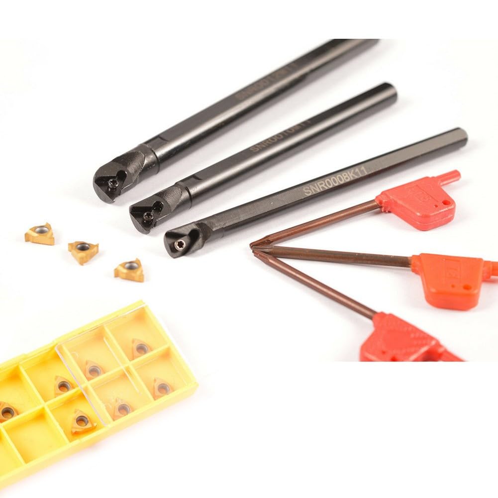 Set di 3 portautensili per filettatura interna da 8 mm, 10 mm, 12 mm, SNR0008K11 SNR0010K11 SNR0012M11 con 10 inserti in carburo 11IR AG60 per semifinitura