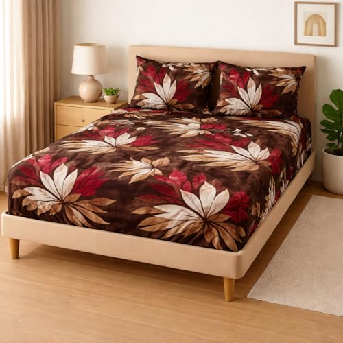Image of Rome Warm Flannel Fitted Bedsheet with 2 Pillow Covers - 155 GSM Soft Bedsheet Set with Elastic Deep Pocket 90x100+10 Inches for Double Bed, AC Room & All Season Comfort -Maroon