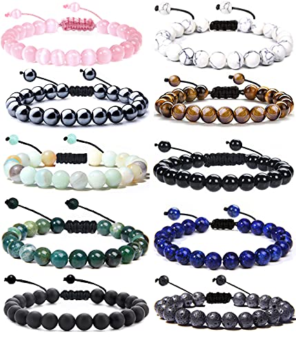 SONNYX 10PCS 8mm Semi-Precious Gemstone Bracelets Set Natural Stone Bracelets for Women Men Round Beaded Adjustable Stretch Crystal Bracelets