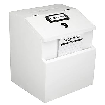 White Suggestion Box with Lock: Wooden Ballot Comment Box, Wall Mounted or Freestanding. Includes Printed Labels & Suggestion Pads Cards