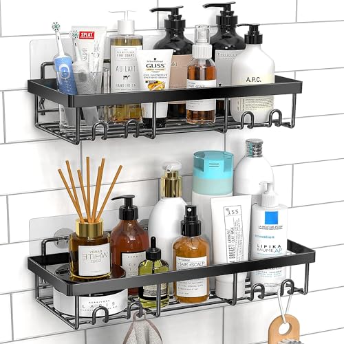 JD FRSEH Shower Caddy Shelf Organizer Rack, Self Adhesive Black Bathroom Shelves, Home Farmhouse Wall Shower Inside Organization and Storage Decor Accessories, House Essentials-