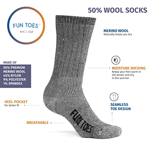 FUN TOES Men's Hiking Crew Merino Wool Socks 6 Pairs Lightweight, Reinforced Size 8-122