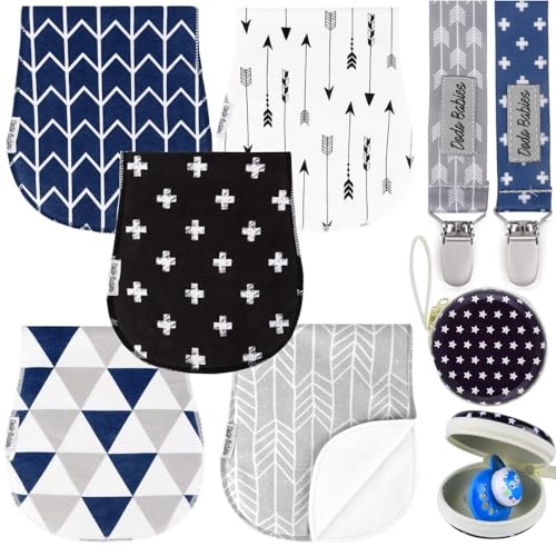 Image of Dodo Babies 5-Pack Baby Burp Cloths - Soft, Absorbent Cotton Burp Cloths - includes Pacifier Case and 2 Pacifier Clips - Colors: Black, Blue and Grey